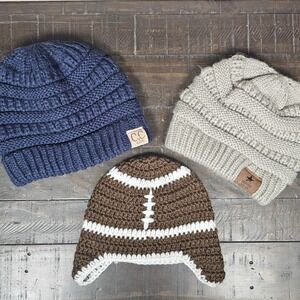 Lot Of 3 Baby Toddler Winter Hats Blue Gray Brown Crochet Football